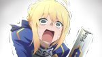  1girl ahoge aqua_(konosuba) armor armored_dress artoria_pendragon_(all) blonde_hair broken broken_sword broken_weapon crying fate/stay_night fate_(series) fujitaka_nasu green_eyes highres kono_subarashii_sekai_ni_shukufuku_wo! parody saber solo sword trembling upper_body wavy_mouth weapon 