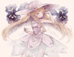  1girl absurdres blonde_hair braid commentary_request cosmog dress gen_7_pokemon hat highres lillie_(pokemon) long_hair muted_color parted_lips pokemon pokemon_(creature) pokemon_(game) pokemon_sm simple_background sleeveless sleeveless_dress sun_hat supika twin_braids white_dress white_headwear 