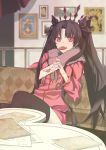  1girl absurdres bangs black_hair black_legwear black_ribbon candy casual coat couch envelope eyebrows_visible_through_hair fate/grand_order fate_(series) fence food fur-trimmed_coat fur_trim hair_ribbon heidegg highres holding holding_envelope ishtar_(fate/grand_order) ishtar_(swimsuit_rider)_(fate) lollipop long_hair long_sleeves looking_at_viewer mouth_hold painting_(object) parted_bangs pink_coat pink_eyes ribbon sitting solo string table thigh-highs tiara two_side_up very_long_hair 