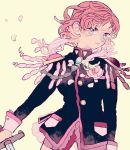  1girl blue_eyes closed_mouth epaulettes floating_hair flower highres holding holding_sword holding_weapon long_hair long_sleeves looking_at_viewer matatatatabi petals pink_flower pink_hair pink_rose rose rose_petals shoujo_kakumei_utena simple_background solo sword tenjou_utena weapon wind yellow_background 