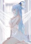  1girl aqua_(konosuba) artist_name bangs bare_arms bare_legs bare_shoulders barefoot blue_eyes blue_hair blurry blurry_background blush breasts commentary curtains depth_of_field dress english_commentary erospanda eyebrows_visible_through_hair from_side hair_between_eyes hair_ornament hair_rings hand_on_own_chest hand_up highres kono_subarashii_sekai_ni_shukufuku_wo! large_breasts long_hair open_mouth profile see-through sleeveless sleeveless_dress solo transparent very_long_hair white_dress 