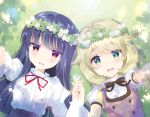  2girls :d ahoge bangs black_bow black_hair blonde_hair blurry blurry_foreground blush bow brown_dress clover clover_(flower) commentary_request day depth_of_field dress eyebrows_visible_through_hair flower flower_wreath from_above grass green_eyes hair_between_eyes head_wreath holding_hands idolmaster idolmaster_cinderella_girls interlocked_fingers juliet_sleeves long_hair long_sleeves looking_at_viewer lying multiple_girls neck_ribbon on_back on_grass open_mouth outstretched_arm puffy_sleeves purple_skirt red_eyes red_ribbon ribbon sajou_yukimi shade shirt skirt sleeveless sleeveless_dress smile takashina_asahi upper_body very_long_hair white_flower white_shirt yusa_kozue 