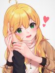  1girl :d ahoge arm_grab artist_request beige_sweater blonde_hair blush brown_jacket commentary_request eyebrows_visible_through_hair face green_eyes hair_between_eyes hand_on_own_face happy heart hoshii_miki idolmaster idolmaster_(classic) jacket long_hair long_sleeves looking_at_viewer open_mouth red_heart simple_background smile solo_focus sweater upper_teeth white_background 