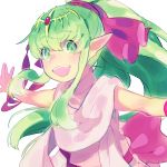  1girl aisutabetao chiki commentary_request fire_emblem fire_emblem:_mystery_of_the_emblem green_eyes green_hair hair_ribbon long_hair mamkute open_mouth outstretched_arms pointy_ears ponytail ribbon simple_background solo spread_arms tiara upper_body white_background 