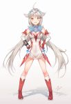  1girl boots commentary_request elbow_gloves genderswap genderswap_(mtf) gloves grey_hair highres knee_boots personification solo taro_(ultrataro) thigh-highs ultra_series ultraman_taiga ultraman_taiga_(series) white_hair 