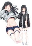  1girl :o bag bangs black_hair black_jacket blunt_bangs blush buttons crop_top denim denim_shorts drawstring empty_eyes grey_hoodie groin hand_up highres hood hood_down hoodie hoodie_dress hoodie_lift jacket long_hair long_sleeves looking_at_viewer micro_shorts midriff multiple_views navel no_pupils open_clothes open_fly open_jacket open_mouth original panties panty_peek red_eyes shoes shorts shoulder_bag sidelocks smile sneakers standing stomach thigh-highs undershirt underwear white_footwear white_legwear yumaomi 