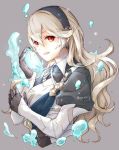  1girl armor black_gloves black_hairband commentary_request female_my_unit_(fire_emblem_if) fire_emblem fire_emblem_if gloves grey_background hairband long_hair my_unit_(fire_emblem_if) parted_lips pointy_ears red_eyes robaco simple_background solo stone twitter_username upper_body white_hair 