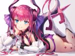  1girl bangs blue_eyes blush boots breasts commentary_request curled_horns detached_sleeves dragon_horns dragon_tail dress elizabeth_bathory_(fate)_(all) eyebrows_visible_through_hair fate/extra fate/extra_ccc fate_(series) finger_gloves high_heel_boots high_heels highres horns long_hair looking_at_viewer lying manichi on_stomach open_mouth panties pink_hair pointy_ears purple_panties ribbon small_breasts smile solo tail thighs two_side_up underwear white_footwear 