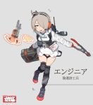  1girl absurdres atte7kusa bag case gloves grey_background grey_hair hair_over_one_eye headset highres holding_case knee_pads no_pants orange_gloves original pliers pouch red_footwear short_hair solo standing strap thigh-highs 