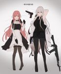  2girls apron arm_up armpits assault_rifle bare_arms bare_shoulders bed_sheet black_dress black_gloves black_legwear black_neckwear black_shirt black_shorts breasts brown_legwear chihuri collared_shirt dress dress_shirt gloves gun hand_behind_head handgun highres jacket juliet_sleeves long_sleeves lying medium_breasts multiple_girls necktie no_shoes off_shoulder on_back open_clothes open_jacket original pantyhose pistol puffy_sleeves rifle shirt short_shorts shorts sleeveless sleeveless_dress sleeveless_shirt small_breasts thigh-highs translation_request waist_apron weapon weapon_request white_apron white_jacket white_shirt yana_(chihuri) zoya_(chihuri) 