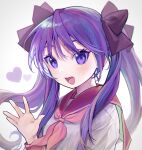  1girl absurdres bangs blush bow double_horizontal_stripe flipped_hair hair_bow hair_ornament hand_up heart highres hiiragi_kagami kisaragi_shiho long_hair looking_at_viewer lucky_star neckerchief open_mouth purple_bow purple_hair red_neckerchief red_sailor_collar sailor_collar school_uniform serafuku shirt sidelocks simple_background smile solo swept_bangs tsurime twintails upper_body violet_eyes waving white_background white_shirt 