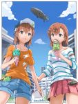  2girls aircraft ascii_media_works baseball_cap blimp blue_sky brown_eyes brown_hair building casual cellphone clouds cowboy_shot day dengeki_bunko denim denim_shorts dirigible food gekota ha_neko hat head_mounted_display ice_cream j.c._staff lightning_bolt lightning_bolt_print long_sleeves misaka_imouto misaka_imouto_10032 misaka_mikoto multiple_girls orange_shirt outdoors phone pink_skirt pleated_skirt shirt short_hair short_sleeves shorts skirt sky standing striped striped_shirt to_aru_kagaku_no_railgun to_aru_majutsu_no_index tokyo_mx twitter_username white_shirt 