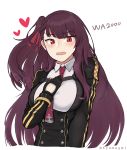  1girl bangs black_gloves blush breasts double-breasted girls_frontline gloves heart highres kyamagwi long_hair looking_at_viewer necktie one_side_up open_mouth purple_hair red_eyes solo wa2000_(girls_frontline) wavy_mouth 
