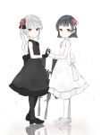  2girls arare_(kantai_collection) bangs black_dress black_gloves black_hair black_legwear bow dress eyebrows_visible_through_hair flower gloves grey_hair gun hair_flower hair_ornament highres holding_hands kantai_collection kasumi_(kantai_collection) long_hair multiple_girls ooyama_imo ponytail reflection ribbon rose shoes short_hair side_ponytail sleeveless sleeveless_dress weapon white_dress white_gloves white_legwear 