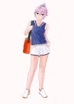  1girl alternate_costume aoba_(kantai_collection) bad_id bad_twitter_id bag blue_scrunchie blue_shirt casual contrapposto green_eyes hand_in_pocket highres kantai_collection looking_at_viewer messy_hair ojipon ponytail purple_hair scrunchie shirt short_hair short_ponytail shorts simple_background sleeveless sleeveless_shirt solo standing white_background white_footwear white_shorts 