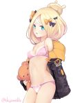  1girl abigail_williams_(fate/grand_order) bad_id bad_pixiv_id bangs black_bow black_jacket blonde_hair blue_eyes blush bow bow_bra bow_panties bra breasts chiyami commentary_request cowboy_shot crossed_bandaids eyebrows_visible_through_hair fate/grand_order fate_(series) hair_bow hair_bun heroic_spirit_traveling_outfit jacket long_hair long_sleeves object_hug off_shoulder open_clothes open_jacket open_mouth orange_bow panties parted_bangs pink_bra pink_panties polka_dot polka_dot_bow polka_dot_bra polka_dot_panties simple_background sleeves_past_fingers sleeves_past_wrists small_breasts solo stuffed_animal stuffed_toy teddy_bear twitter_username underwear white_background 