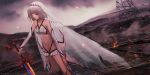  1girl altera_(fate) bangs bare_shoulders blunt_bangs choker clouds cloudy_sky dark_skin detached_sleeves dr_woodpecker dutch_angle eyebrows_visible_through_hair fate/grand_order fate_(series) fire flat_chest highres holding holding_sword holding_weapon looking_away navel red_eyes short_hair silver_hair sky solo sparks standing sword torn_clothes veil wasteland weapon 