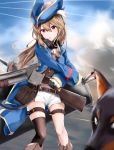  1girl absurdres ammunition antique_firearm azur_lane bag belt blonde_hair blue_coat boots brown_legwear clouds commentary_request dog eyebrows_visible_through_hair firearm gloves gun hair_between_eyes hat highres holding huge_filesize hunter_(azur_lane) kuromiko_shoujo light_brown_hair long_hair long_sleeves ocean red_eyes scarf short_shorts shorts shotgun single_thighhigh thigh-highs torpedo trench_coat tricorne weapon wristband 