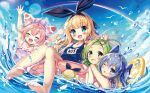  4girls :3 :d ;3 ;d akabane_(zebrasmise) aqua_eyes armpits arms_up bangs barefoot black_bow blonde_hair blue_eyes blue_hair blue_sky blue_swimsuit blush bow closed_eyes commentary floating full_body green_eyes green_hair hair_between_eyes hair_bow hair_ornament hairband hairclip hug hug_from_behind innertube long_hair looking_at_viewer mononobe_alice morinaka_kazaki multiple_girls name_tag nijisanji ocean one_eye_closed open_mouth outdoors parted_bangs partially_submerged pink_hair pink_swimsuit rainbow school_swimsuit sea_slug short_hair sitting sky smile splashing swimsuit upper_body ushimi_ichigo very_long_hair virtual_youtuber water_drop yuuki_chihiro 