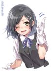  1girl ;d black_hair blue_ribbon blush commentary_request ebifurya eyebrows_visible_through_hair gloves hair_ornament hairclip highres kantai_collection kuroshio_(kantai_collection) looking_at_viewer neck_ribbon one_eye_closed open_mouth ribbon school_uniform shirt short_hair short_sleeves simple_background smile solo vest white_background white_gloves white_shirt 