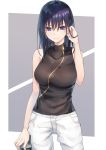  1girl bare_arms bare_shoulders black_hair black_shirt blue_eyes breasts closed_mouth collarbone cowboy_shot cup disposable_cup drinking_straw grey_background hand_up highres holding holding_cup large_breasts long_hair looking_at_viewer original pants piripun shirt sleeveless sleeveless_shirt smile solo standing two-tone_background white_background white_pants 