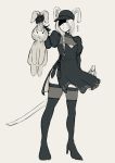  animal_ears baseball_cap boots cosplay hat high_heel_boots high_heels highres holding_by_the_ears kajino_(aosansai) katana nier_(series) nier_automata patch rabbit rabbit_ears rena_(watashi_ga_motenai_no_wa_dou_kangaetemo_omaera_ga_warui!) simple_background sword tan_background thigh-highs translated watashi_ga_motenai_no_wa_dou_kangaetemo_omaera_ga_warui! weapon yorha_no._2_type_b yorha_no._2_type_b_(cosplay) 