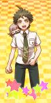  1boy ahoge black_pants brown_hair character_doll checkered checkered_background collared_shirt cropped_legs dangan_ronpa doll_on_shoulder dress_shirt green_eyes green_neckwear hinata_hajime looking_at_viewer male_focus nanami_chiaki necktie pants print_neckwear shiny shiny_hair shirt short_sleeves solo super_dangan_ronpa_2 white_shirt wing_collar yellow_background yumaru_(marumarumaru) 