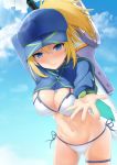  1girl arm_up artoria_pendragon_(all) bangs baseball_cap bikini blonde_hair blue_eyes blue_headwear blue_sky blush breasts clouds commentary_request cowboy_shot day fate/grand_order fate_(series) groin hair_between_eyes hat highres holding holding_weapon large_breasts leaning_forward long_sleeves looking_at_viewer mysterious_heroine_xx_(foreigner) navel nose_blush outdoors ponytail reaching_out short_hair short_ponytail shrug_(clothing) side-tie_bikini signature skindentation sky smile solo standing stomach swimsuit tatsumiya_kagari thigh_gap thigh_strap thighs twinmyniad weapon white_bikini 