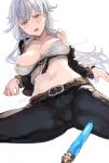  1girl bare_shoulders belt black_pants blush breasts commentary_request granblue_fantasy highres jacket large_breasts long_hair looking_at_viewer midriff navel open_mouth pants sabanobori silva_(granblue_fantasy) silver_hair simple_background solo sweat tank_top white_background yellow_eyes 