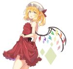 1girl alternate_costume alternate_eye_color bangs bare_arms bare_shoulders black_sash blonde_hair blush breasts commentary_request cowboy_shot crystal dress eyebrows_visible_through_hair flandre_scarlet hair_between_eyes hat hat_ribbon highres looking_at_viewer mob_cap one_side_up open_mouth pointy_ears red_dress red_ribbon ribbon rin_falcon sash short_hair sidelocks simple_background skirt_hold small_breasts solo standing strapless strapless_dress thighs touhou white_background white_headwear wings yellow_eyes 