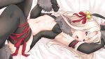  1girl animal_ear_fluff animal_ears arm_up armpits bangs bare_shoulders bell black_gloves black_legwear blush breasts cat_ears cat_tail commentary_request elbow_gloves fate/kaleid_liner_prisma_illya fate_(series) fur_collar fur_trim gloves hair_between_eyes hair_ribbon highres illyasviel_von_einzbern long_hair looking_at_viewer lying navel on_back open_mouth paw_gloves paws ransei48 red_eyes red_ribbon ribbon small_breasts solo tail thigh-highs thighs tongue tongue_out white_hair 