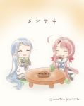  2girls ahoge artist_name bangs black_serafuku blue_hair blush chibi closed_eyes commentary cup eating elbow_gloves eyebrows_visible_through_hair food_in_mouth gloves hair_ribbon hairband holding holding_cup kantai_collection kawakaze_(kantai_collection) long_hair mae_(maesanpicture) multiple_girls notice_lines pillow red_ribbon redhead ribbon samidare_(kantai_collection) school_uniform senbei serafuku simple_background sitting smile swept_bangs table thigh-highs translated twintails twitter_username very_long_hair wariza white_serafuku zettai_ryouiki 