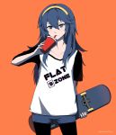  1girl blue_eyes blue_hair drinking fire_emblem fire_emblem:_kakusei flat_chest highres intelligent_systems legwear_under_shorts long_hair looking_at_viewer lucina nintendo pantyhose phiphi-au-thon shoes short_shorts shorts simple_background skateboard soda solo super_smash_bros. tiara 