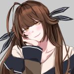  1girl antenna_hair bangs blush brown_hair eyebrows_visible_through_hair girls_frontline grey_background hair_ribbon hand_on_own_cheek long_hair looking_at_viewer m14_(girls_frontline) mmm_(ji1945) mod3_(girls_frontline) off_shoulder ribbon simple_background smile solo very_long_hair yellow_eyes 