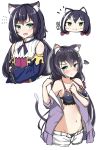  &gt;:) 1girl :t animal_ear_fluff animal_ears arm_grab bangs bare_shoulders bikini bikini_under_clothes black_bikini black_hair blue_sleeves blush breasts brown-framed_eyewear cat_ears cat_girl cat_tail chibi closed_mouth cropped_legs cropped_torso detached_sleeves eyebrows_visible_through_hair eyewear_on_head fang flying_sweatdrops green_eyes hair_between_eyes hands_up highres jacket kyaru_(princess_connect) long_hair long_sleeves looking_at_viewer low_twintails moyoron multicolored_hair multiple_views off_shoulder open_clothes open_jacket open_mouth pout princess_connect! princess_connect!_re:dive purple_jacket shirt short_shorts short_sleeves shorts sleeveless sleeveless_shirt small_breasts smile squiggle streaked_hair sunglasses swimsuit tail twintails v v-shaped_eyebrows very_long_hair white_hair white_shirt white_shorts 