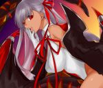  1girl bangs bare_shoulders bat_wings bb_(fate)_(all) bb_(swimsuit_mooncancer)_(fate) black_coat breasts coat commentary_request dark_skin fate/grand_order fate_(series) gloves gradient gradient_background gyaru hair_ribbon large_breasts leotard long_hair looking_at_viewer neck_ribbon off_shoulder open_clothes open_coat open_mouth orange_background popped_collar purple_hair red_eyes red_ribbon ribbon shimaneko_(pixiv71285774) smile solo tan tentacles vampire_costume very_long_hair violet_eyes white_gloves white_leotard wings 