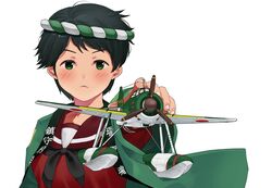  1girl aircraft airplane androgynous bangs black_hair black_neckwear brown_sailor_collar e16a_zuiun expressionless green_eyes happi headband japanese_clothes kantai_collection long_sleeves mogami_(kantai_collection) neckerchief sailor_collar school_uniform serafuku short_hair simple_background solo swept_bangs tooku_nomura_(artist) upper_body white_background 