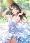  1girl :d bangs bare_shoulders blush breasts brown_eyes brown_hair collarbone commentary dated day dress floating_hair hair_ornament hairclip hat highres holding holding_hat long_hair looking_at_viewer medium_breasts morikura_en open_mouth original outdoors sidelocks signature sleeveless sleeveless_dress smile solo sun_hat sundress white_dress wind wind_lift 