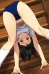  1girl absurdres arm_support ass black_hair blue_buruma blush brown_eyes buruma feet_out_of_frame forehead gym_shirt gym_uniform highres kneehighs kneepits long_hair looking_through_legs matsunaga_kouyou nose_blush original ribbed_legwear shirt solo white_legwear white_shirt wooden_floor wooden_wall 