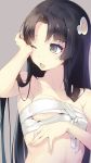  1girl araragi_tsukihi bare_shoulders black_eyes black_hair blush breasts egg_hair_ornament food_themed_hair_ornament hair_ornament highres long_hair looking_to_the_side monogatari_(series) nilitsu nisemonogatari one_eye_closed sleepy small_breasts solo very_long_hair 