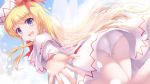  1girl :d blonde_hair blue_eyes blue_sky capelet cherry_blossoms clouds commentary_request day dress eyebrows_visible_through_hair fairy_wings from_below hair_ribbon hat highres lily_white long_hair long_sleeves looking_at_viewer lzh open_mouth outdoors outstretched_arm panties panties_under_pantyhose pantyhose petals red_neckwear red_ribbon ribbon sky smile solo touhou underwear upskirt very_long_hair white_capelet white_dress white_legwear white_panties wings 