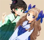  2girls ahoge asakaze_(kantai_collection) bangs black_hair blue_bow blue_eyes blue_hakama boots bow brown_background cowboy_shot cross-laced_footwear dutch_angle forehead furisode green_eyes green_hakama hair_bow hakama hat japanese_clothes kantai_collection kimono knee_boots lace-up_boots light_brown_hair long_hair looking_at_viewer matsukaze_(kantai_collection) meiji_schoolgirl_uniform mini_hat mini_top_hat multiple_girls naruki_(kaminari) parted_bangs short_hair sidelocks simple_background smile swept_bangs top_hat tsurime wavy_hair white_kimono 