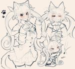  1girl ahoge animal_ears bangs blush breasts buttons cat_ears cat_tail chibi coffee_cup commentary cup disposable_cup ehrrr eyebrows_visible_through_hair fake_animal_ears fake_tail girls_frontline hair_ornament highres jacket long_hair looking_at_viewer m14_(girls_frontline) monochrome multiple_views paw_pose ribbon shirt skirt smile tail thigh-highs twintails 