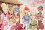  3boys 3girls :d alolan_form alolan_vulpix baseball_cap black_hair blonde_hair blue_hair blue_sky cape cherry_blossoms closed_eyes closed_mouth clouds commentary crossed_arms cup dango dark_skin dark_skinned_male day eating eevee flower food gen_1_pokemon gen_4_pokemon gen_7_pokemon green_eyes green_hair hair_flower hair_ornament hairband hat highres holding holding_cup holding_food japanese_clothes kaki_(pokemon) kimono lillie_(pokemon) long_hair long_skirt long_sleeves mamane_(pokemon) mallow_(pokemon) mei_(maysroom) meltan multicolored_hair multiple_boys multiple_girls obi open_mouth orange_hair outdoors petals pikachu pokemon pokemon_(anime) pokemon_(creature) pokemon_on_head pokemon_on_lap pokemon_on_shoulder pokemon_sm_(anime) redhead sanshoku_dango sash satoshi_(pokemon) shaymin short_hair signature sitting skirt sky smile spiky_hair spring_(season) suiren_(pokemon) symbol_commentary togedemaru trial_captain vulpix wagashi white_legwear wide_sleeves z-ring 