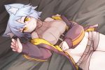  1girl animal_ears bare_shoulders blue_hair blush breasts cat_ears fur_trim groin highres jacket light_smile looking_at_viewer lying navel orange_eyes original ryota_tentei scar short_hair short_shorts shorts smile solo tora_tentei 