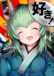  1girl absurdres blush bow closed_eyes commentary_request dragon_horns eyebrows_visible_through_hair facing_viewer fate/grand_order fate_(series) green_hair highres horns huge_filesize japanese_clothes kimono kiyohime_(fate/grand_order) long_hair nichigeckoh open_mouth sidelocks smile solo 
