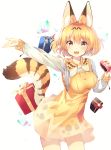  1girl :d absurdres adapted_costume animal_ear_fluff animal_ears animal_ears_(artist) blonde_hair blush bow bowtie box brown_hair commentary cowboy_shot dress eyebrows_visible_through_hair fang food gift gift_box highres holding holding_food japari_bun kemono_friends long_sleeves multicolored_hair open_mouth outstretched_arm print_dress print_neckwear serval_(kemono_friends) serval_ears serval_print serval_tail shirt short_hair skin_fang smile solo tail white_hair white_shirt yellow_dress yellow_eyes 