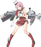  1girl belt_boots black_ribbon boots breasts cross-laced_footwear full_body giuseppe_garibaldi_(kantai_collection) gloves hat jiji kantai_collection knee_boots lace-up_boots large_breasts machinery mini_hat no_bra official_art one_eye_closed pink_eyes pink_hair pleated_skirt red_footwear red_skirt ribbon rigging short_hair short_sleeves skirt solo source_request torn_clothes torn_skirt transparent_background turret white_gloves white_headwear 