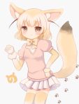  1girl :3 animal_ear_fluff animal_ears arm_up blonde_hair blush bow bowtie brown_eyes clenched_hand contrapposto cowboy_shot eyebrows_visible_through_hair fennec_(kemono_friends) fox_ears fox_tail grey_background hand_on_hip highres japari_symbol kemono_friends light_smile looking_at_viewer miniskirt ogakororomi paw_background pink_sweater pleated_skirt puffy_short_sleeves puffy_sleeves shirt short_hair short_sleeves simple_background skirt solo standing sweater tail thigh-highs white_shirt white_skirt wrist_cuffs yellow_legwear yellow_neckwear zettai_ryouiki 