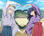  1boy 1girl artist_logo black_hair blush bow breasts brown_headwear building clouds cloudy_sky couple cowboy_shot day embarrassed eyebrows_visible_through_hair floral_print hair_between_eyes hair_bow hakama hat heart_arms heart_arms_duo hetero higurashi_kagome holding_hands inuyasha inuyasha_(character) japanese_clothes kimono long_hair long_sleeves looking_at_another medium_breasts motobi_(mtb_umk) one_eye_closed open_mouth orange_eyes outdoors pavement photo_background pose shirt silver_hair sky slit_pupils smile striped striped_kimono tree wide_sleeves 